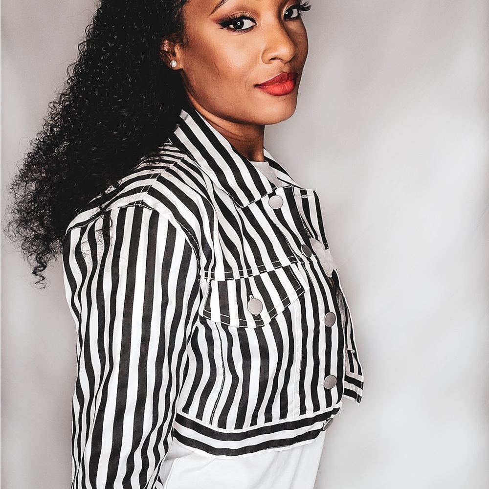 Black and White Striped Cropped Jacket